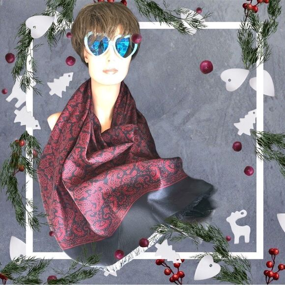 Red navy vintage silk paisley fringe scarf Italy 23.5” x 50”-Codes label lux - Picture 12 of 13